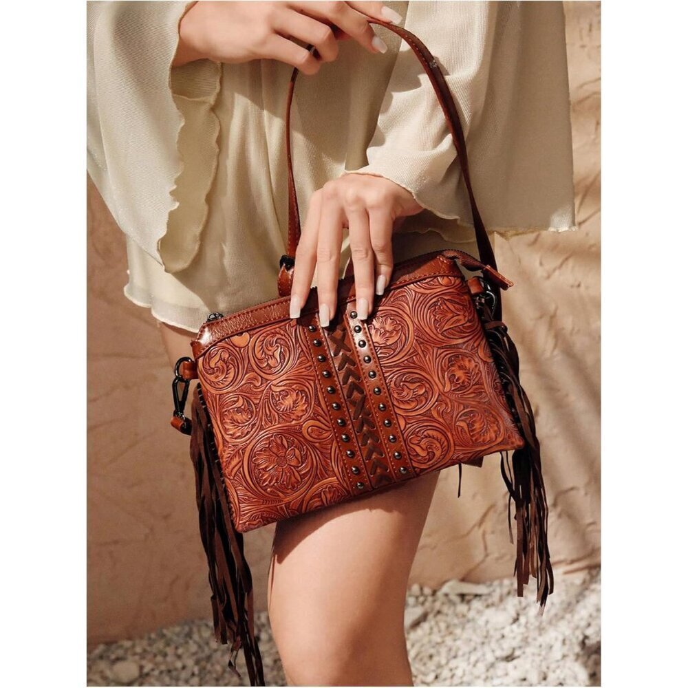 Women's PU Leather Crossbody Bag Fringe Tassel Shoulder Purse Western Stylish - Picture 3 of 6